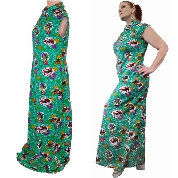 VTG 60s Handmade Green Groovy Floral Print High Neck Maxi Dress Large - Picture 7 of 16